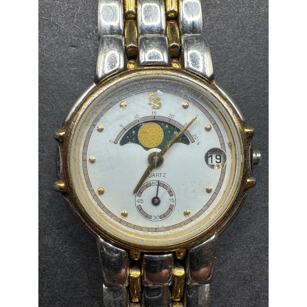 Vintage PB Quartz Moon Phase Date Two Tone Stainless Steel Watch 5ATM